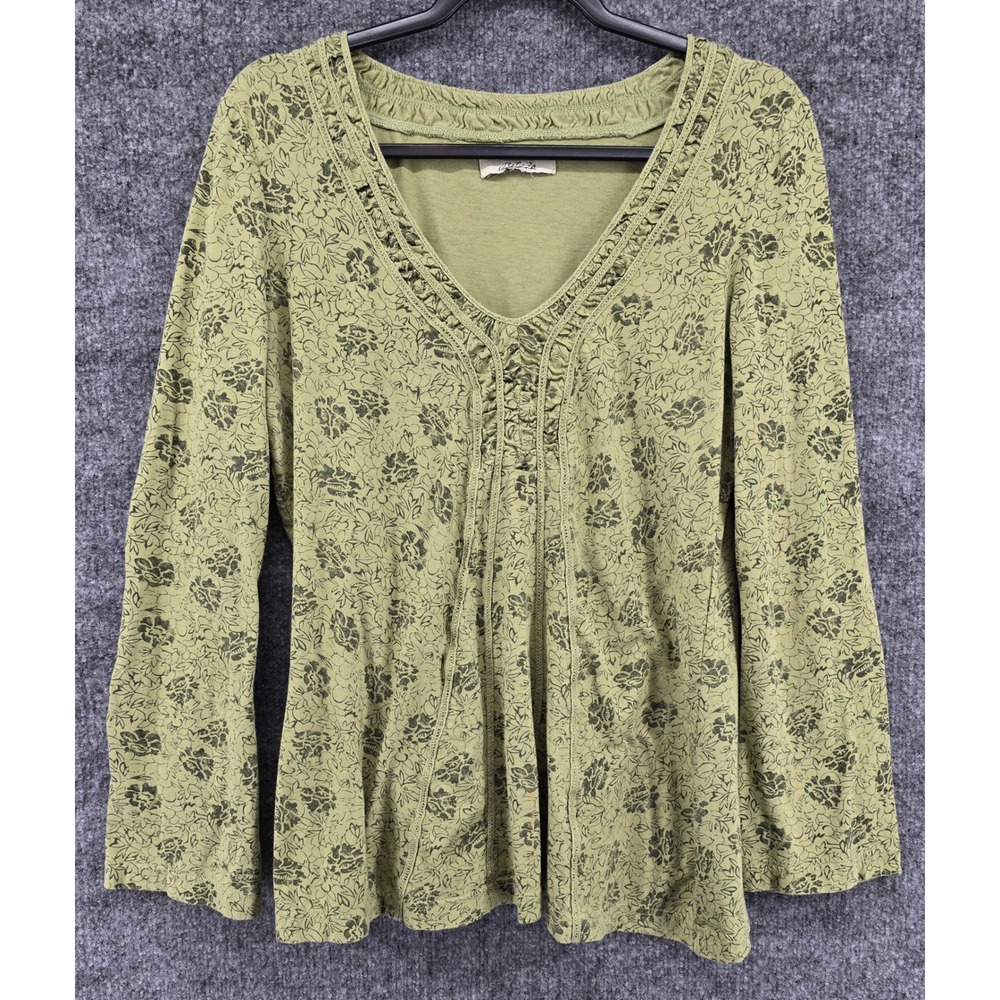 Bob Timberlake Top Women M Green Floral Long Sleeve V-Neck Ruffle Trim Gorpcore